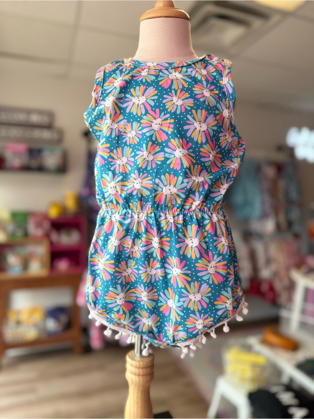 Mila and Rose Girls' Teal Floral Pom-Trim ROMPER Girl’s Size 0-6 Months
